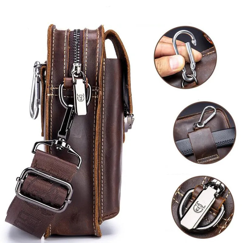 BULLCAPTAIN Crazy horse leather Male Waist Packs Phone Pouch Bags Waist Bag Men's Small chest Shoulder Belt Bag small back pack