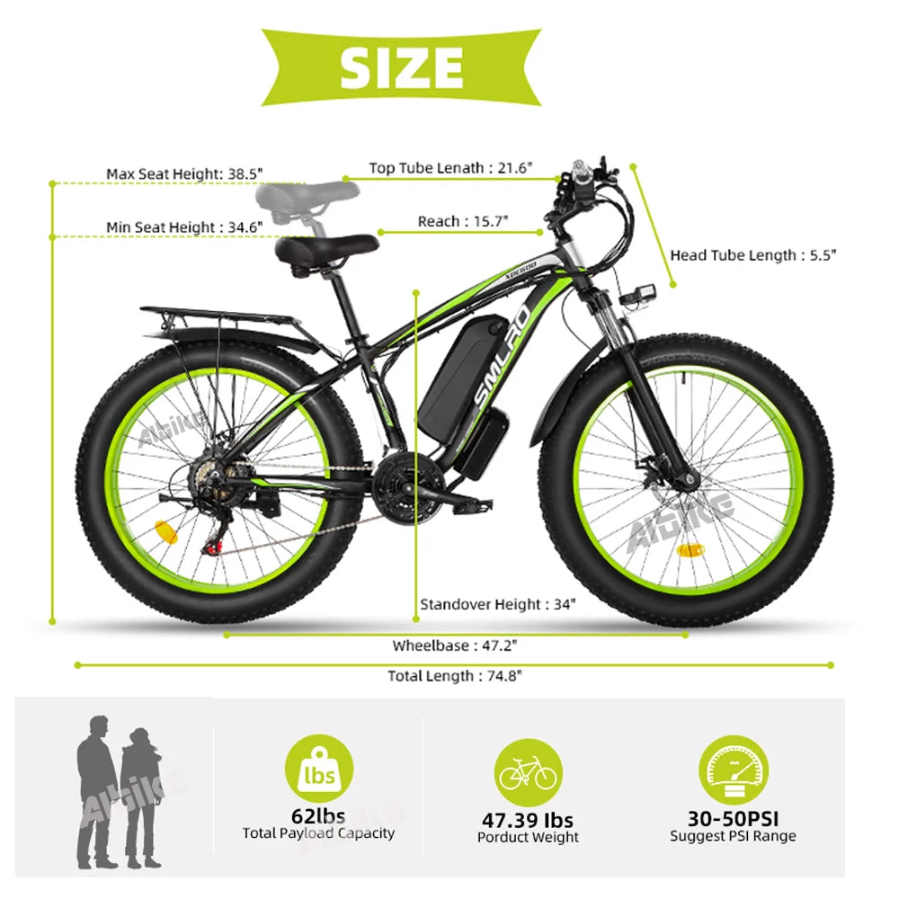 Fat Tire Electric Bike for Adults, 4.0 "* 26", 48V, 20Ah, 1000W Motor, Snow Bike