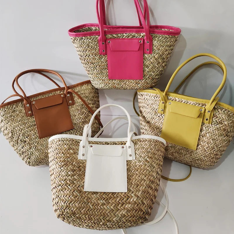 Summer Handmade Bags for Women Large Capacity Straw Bags Woven Basket Tote Top Handle Handbags Lady Beach Hand Bags Shoulder Bag