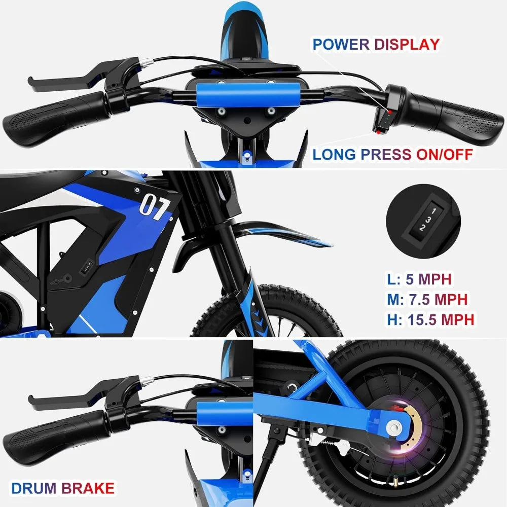 Electric Dirt Bike,300W Electric Motorcycle,15.5MPH & 9.3 Miles Long-Range,3-Speed Modes Motorcycle