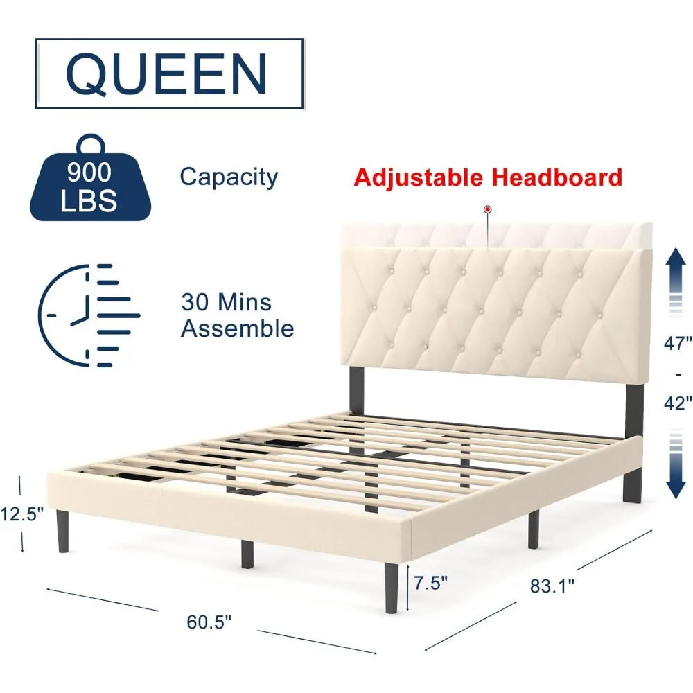 Large Bed Frame, Adjustable Headboard, Linen Fabric Wrapping, No Springs, Non-slip and Noiseless, Easy To Assemble, Beige