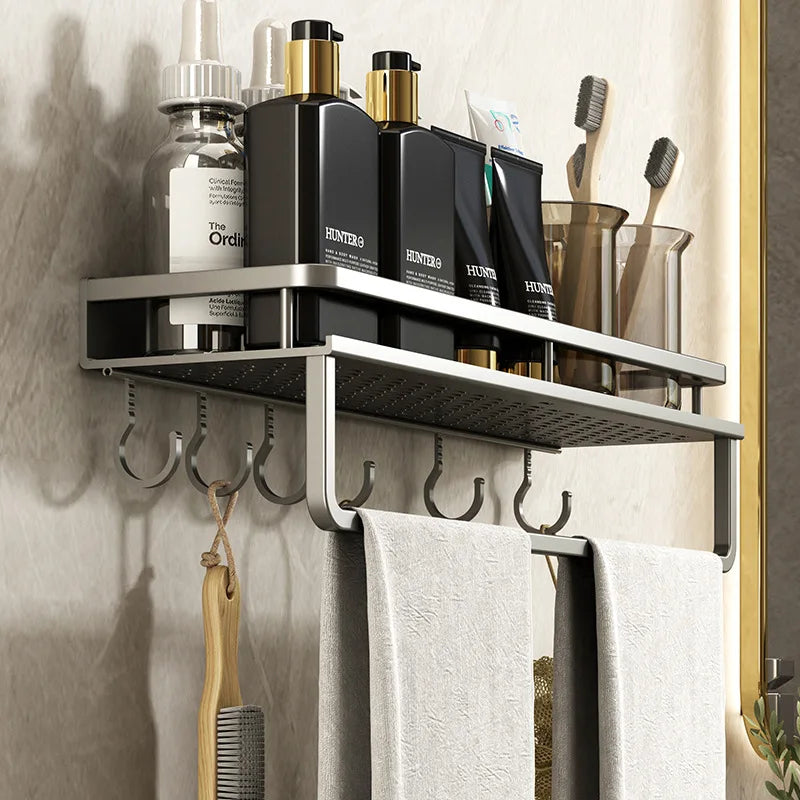 Bathroom Gun Grey Shelf with Towel Bar Space Aluminum Corner Shelves Towel Rack with Hook Shampoo Holder Kitchen Storage Rack