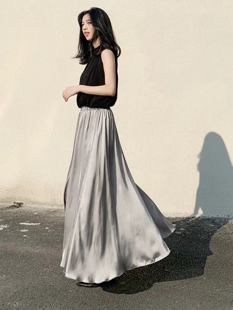 Satin Wide Leg Pants Summer New Korean Style Fashion Casual High Waist Loose Elegant Trouser Skirt Women's Clothing Office Lady