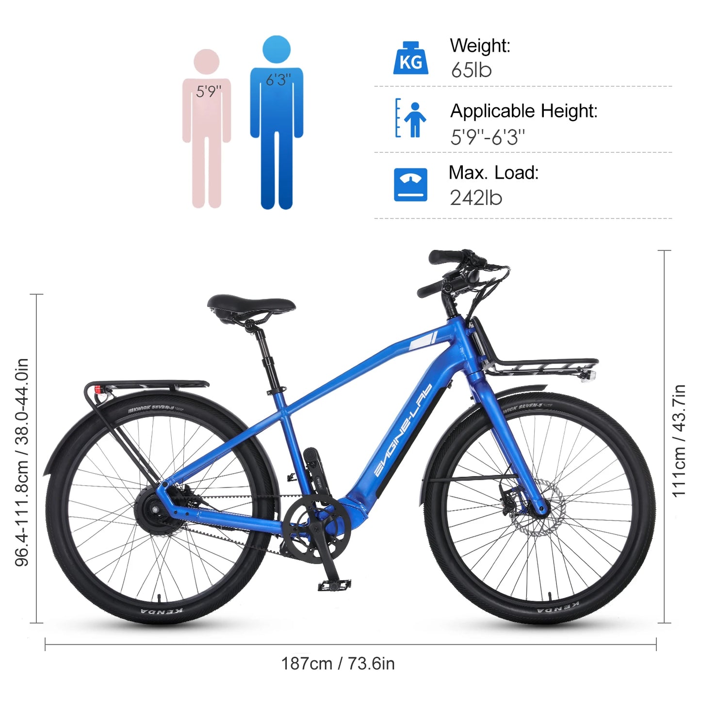 27.5'' Electric Bike 48V 14AH Ebike with 20mph Top Speed 45km Pure Elertic Power Range Headlight Taillight Cycling Bicycle