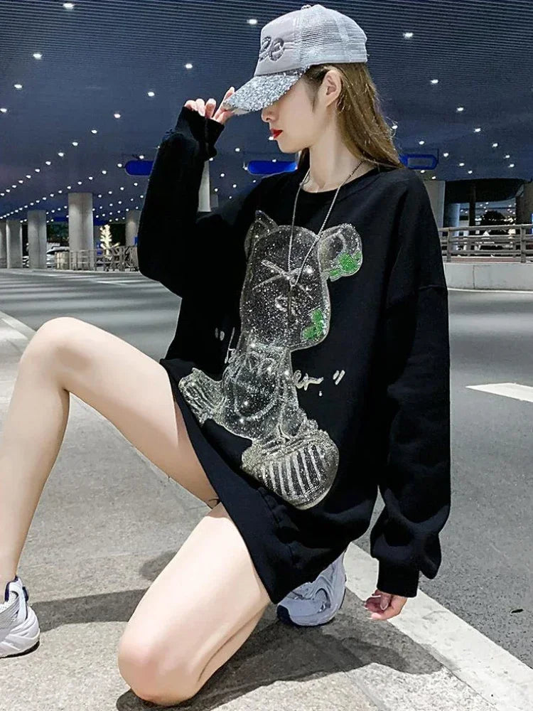 Rhinestone Woman Clothing Glitter Women's Sweatshirt Graphic Pullovers Top Round Neck Sequin Thick Y2k Style Essential M Basic E