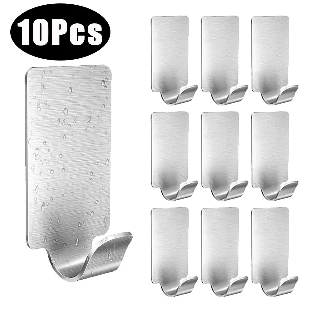 10/1Pcs Self Adhesive Hook Stainless Steel Heavy Wall Hanger Hook Bathroom Organizer Towel Rack Multi-purpose Kitchen Rack Shelf