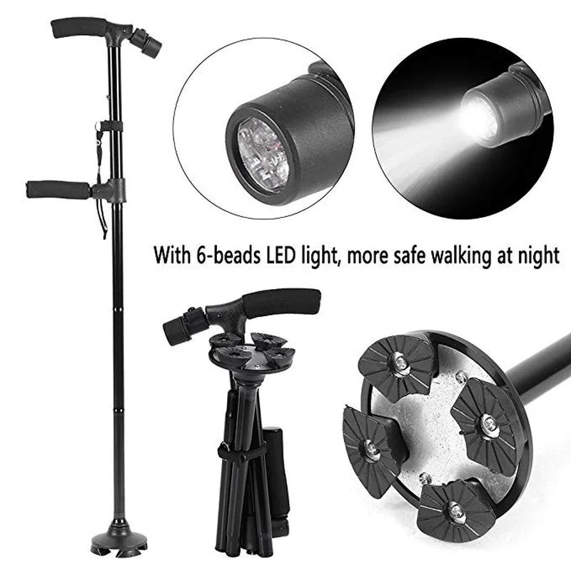 Folding Trekking Poles Double Handle Walking Sticking With Flashlight Telescopic Baton Crutches For Elderly People Trusty Sticks