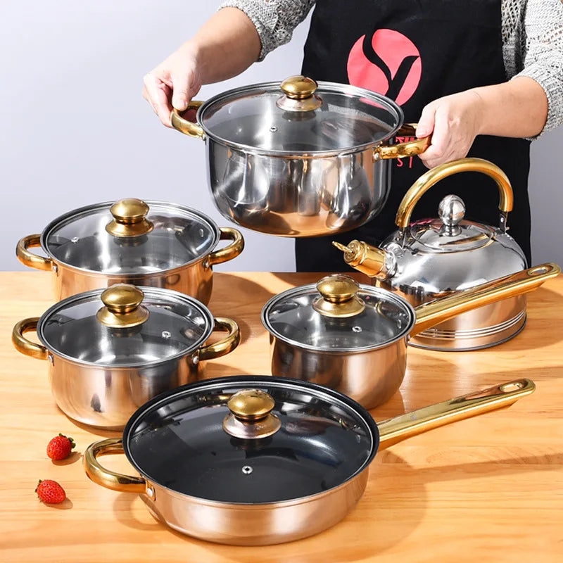 12 Pieces Of Stainless Steel Cookware Set 6 Kinds Of Kitchen Pot Combination Frying Pan Soup Pot Milk Pot Kettle Set Pot Gift