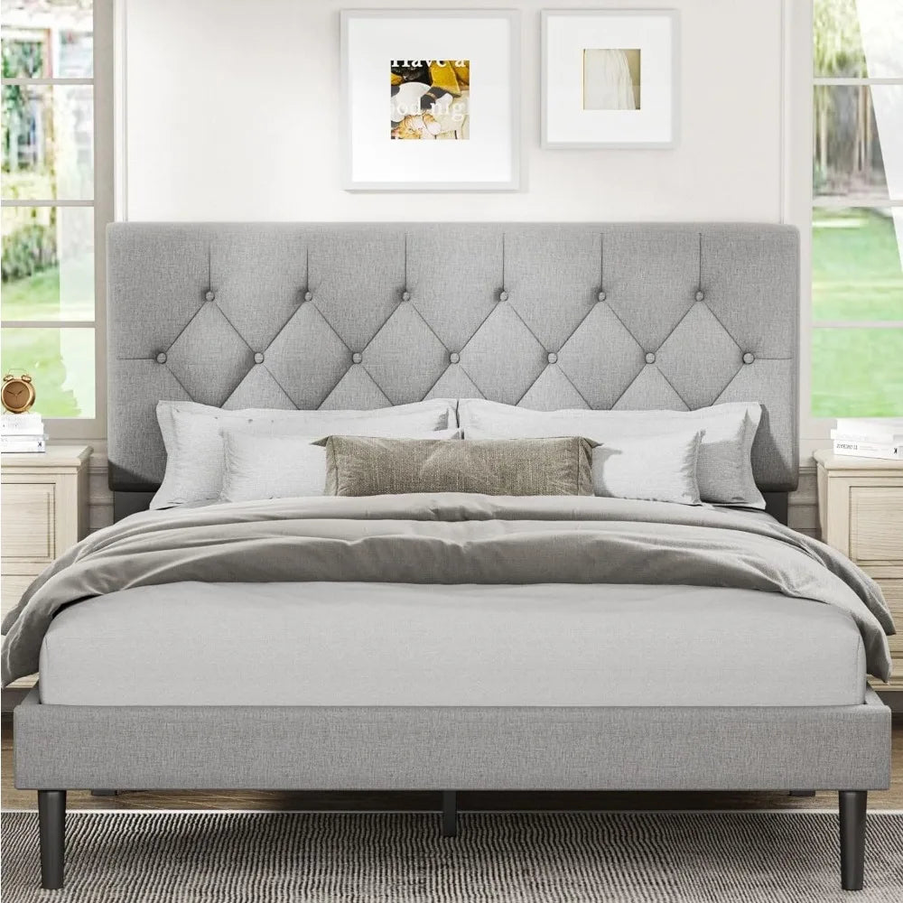 Full-size Platform Bed Frame with Padded Headboard, Button Tufted Design, No Springs Required, Light Grey