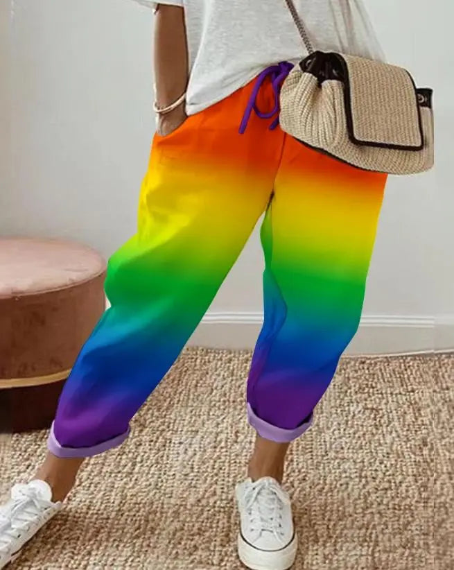 Women Fashion Trousers 2023 Summer European & American Women's Casual Clothing Floral Print Drawstring Cuffed Pants Female