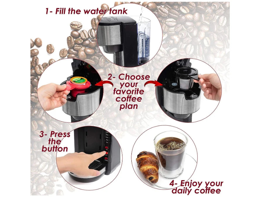 Single Serve Coffee Brewer K-Cup Pods Compatible & Ground Coffee, 30 oz Compact Coffee Maker Single Serve With 5 Brew Sizes