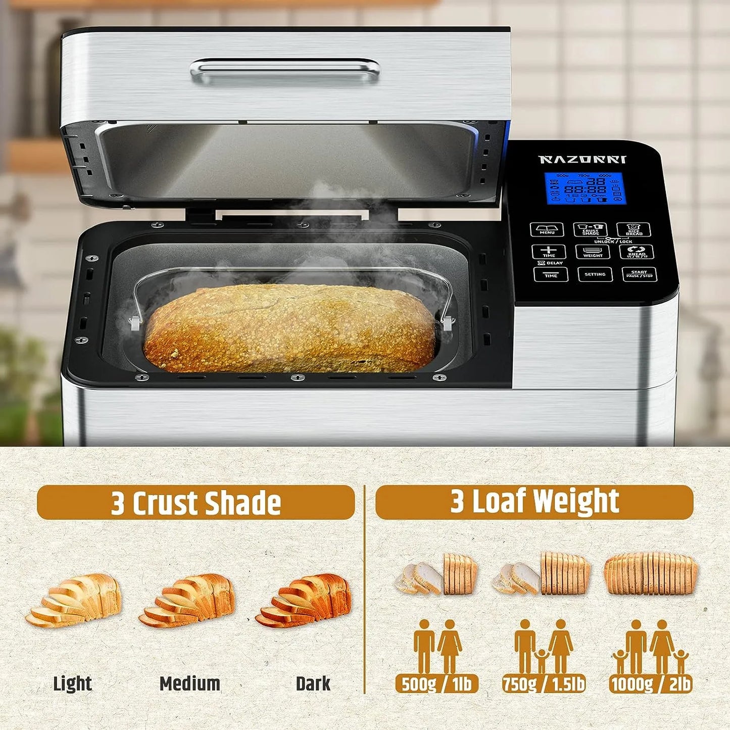 Maker Machine Stainless Steel UL Certified, 25-in-1 with Nonstick Bread Pan, Homemade DIY 2Lbs Breadmaker, Gluten-Free Setting,