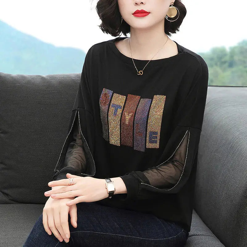 Fashion Hollow Out Spliced Lace Diamonds T-Shirt Women's Clothing 2022 Autumn New Loose Casual Pullovers Tops Korean Tee Shirt