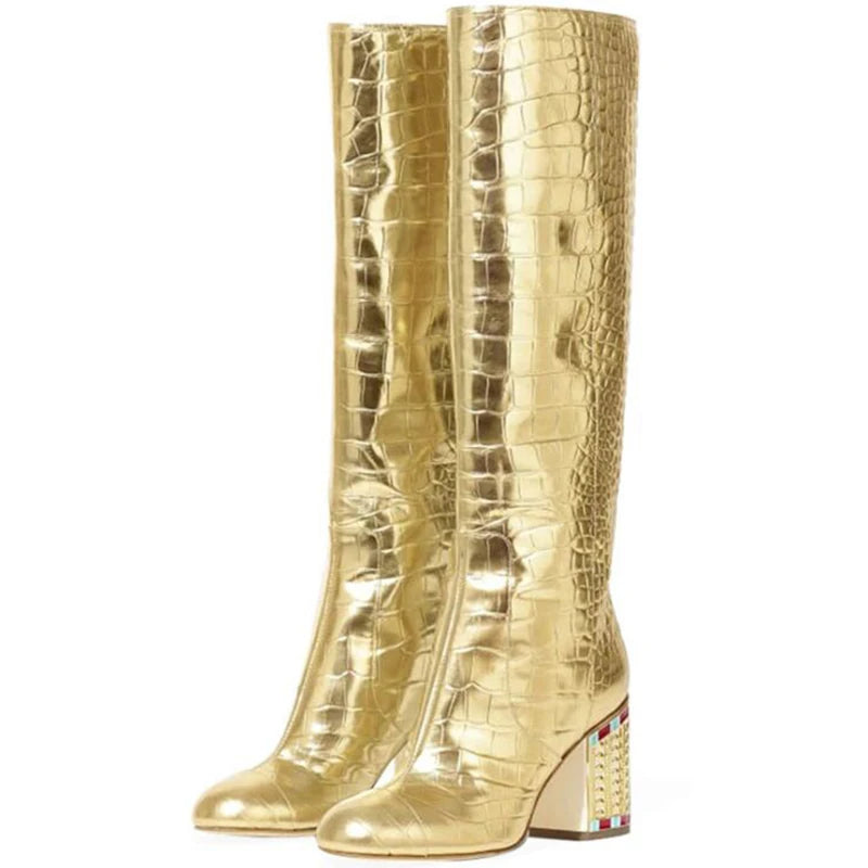 New Gold Side Zipper Knee-High Boots Women Round Toe Rhinestone Square High Heels Woman Runway Boots Woman Fashion Ladies Shoes