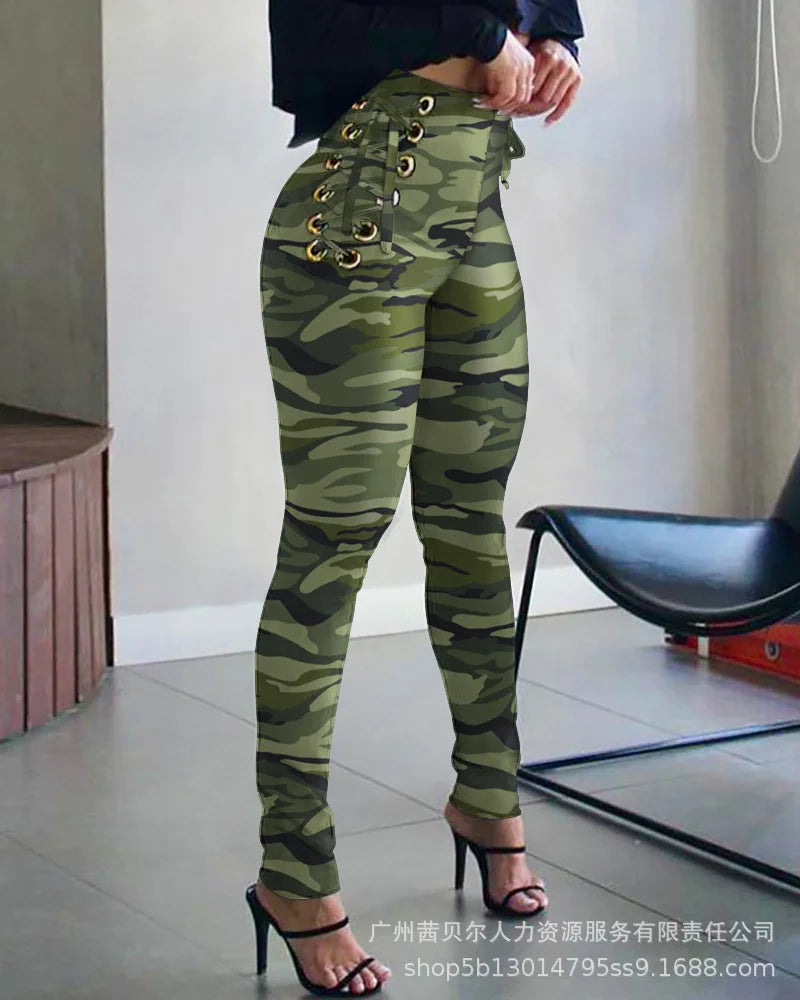 Y2k Women's Pants Retro Camouflage Printed Bandage Slim Pencil Pants Streetwear Lace-up Woman Clothing 2023 High Waist Trousers