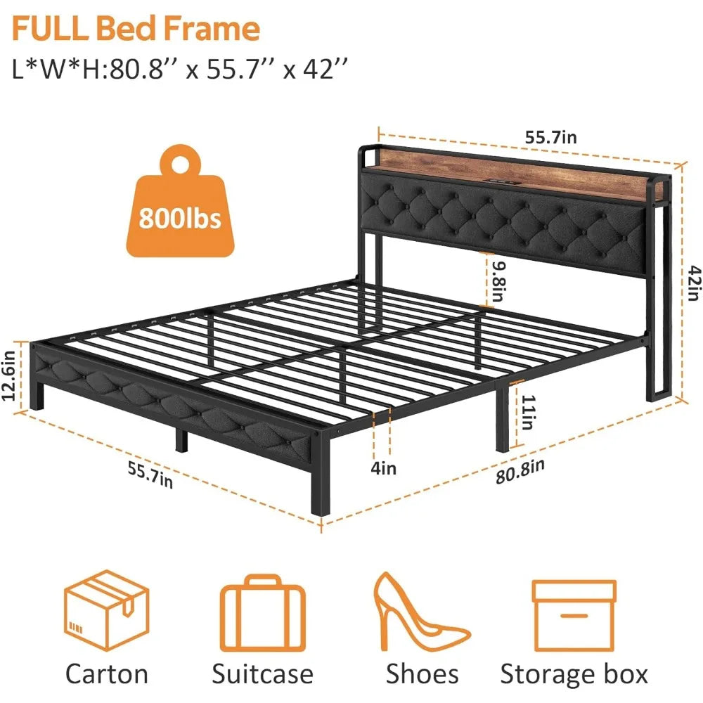 Full-size Bed Frame with Headboard, Metal Platform Bed Frame, No Springs, Wooden Upholstered Headboard and Under-bed Storage