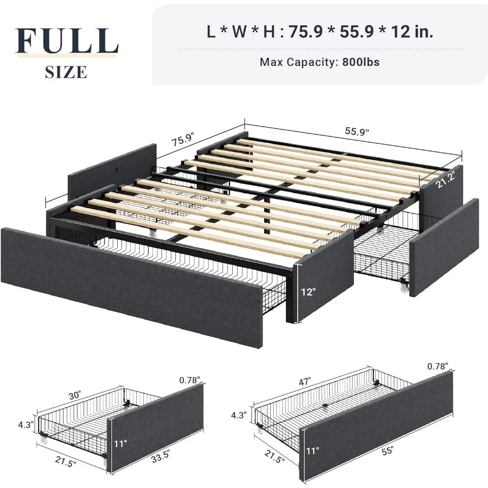 Full-size Platform Bed Frame with 3 Storage Drawers, Fabric Upholstery, Wooden Slats Support, No Need for A Box Spring