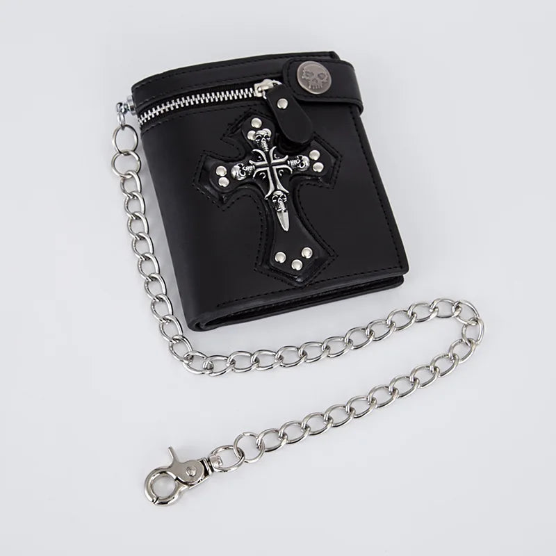 Fashion Cool PU Leather Punk Gothic Skull Cross Clutch Purse Wallets With Chain For Women Men