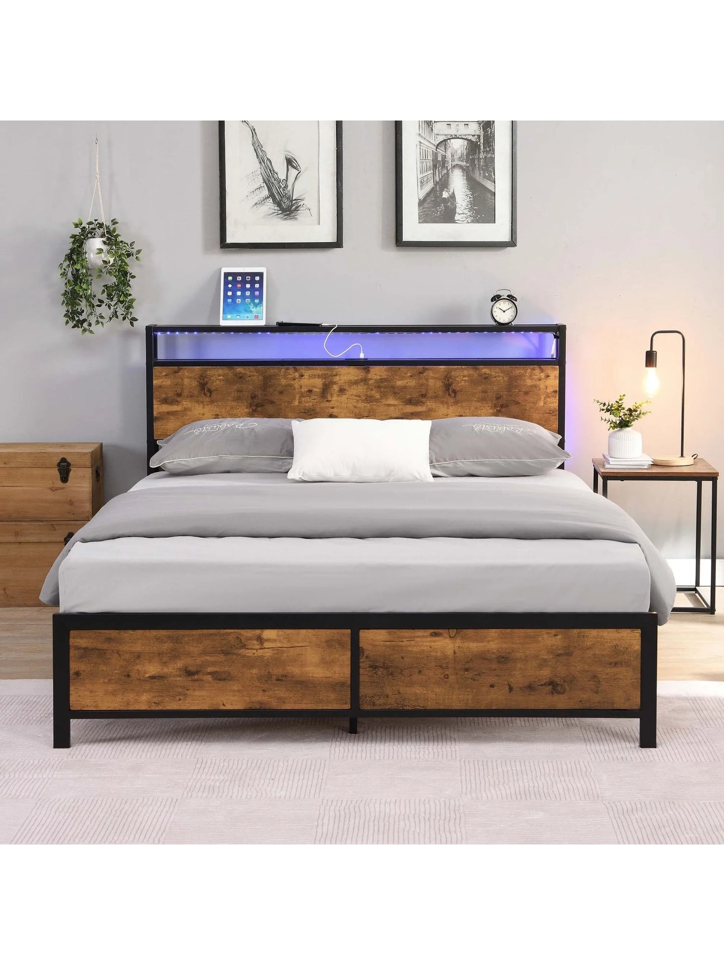 Industrial Full Bed Frame with Headboard Rustic Brown Bedframes with LED Lights and 2 USB Ports Bed Frame Full Size with Storage