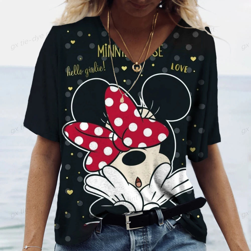 Summer Women's Tshirt Disney Mickey Mouse Print T Shirt for Women V Neck Pullover Casual Loose Ladies Clothing Streetwear Tee