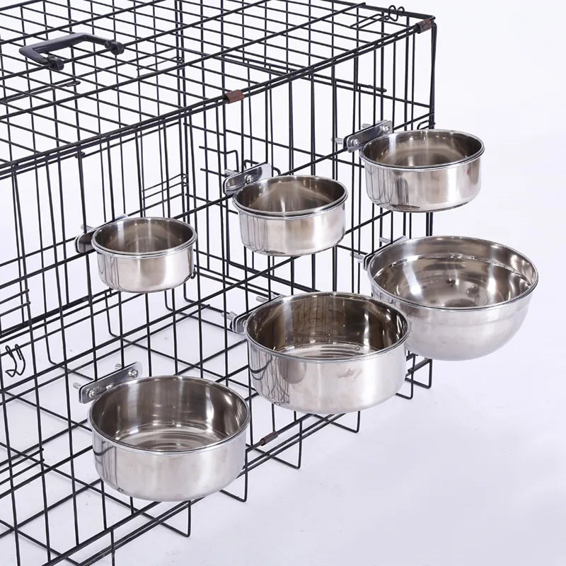 Pet Dog Bowl Stainless Steel Coop Cups with Clamp Holder Detached Dog Cat Cage Kennel Hanging Bowl Metal Food Water Bowl