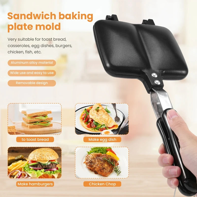 Grilled Sandwich Panini Maker Bread Toast Breakfast Machine Hot Sandwich Pan Nonstick Aluminum Removable Flip Frying Pan