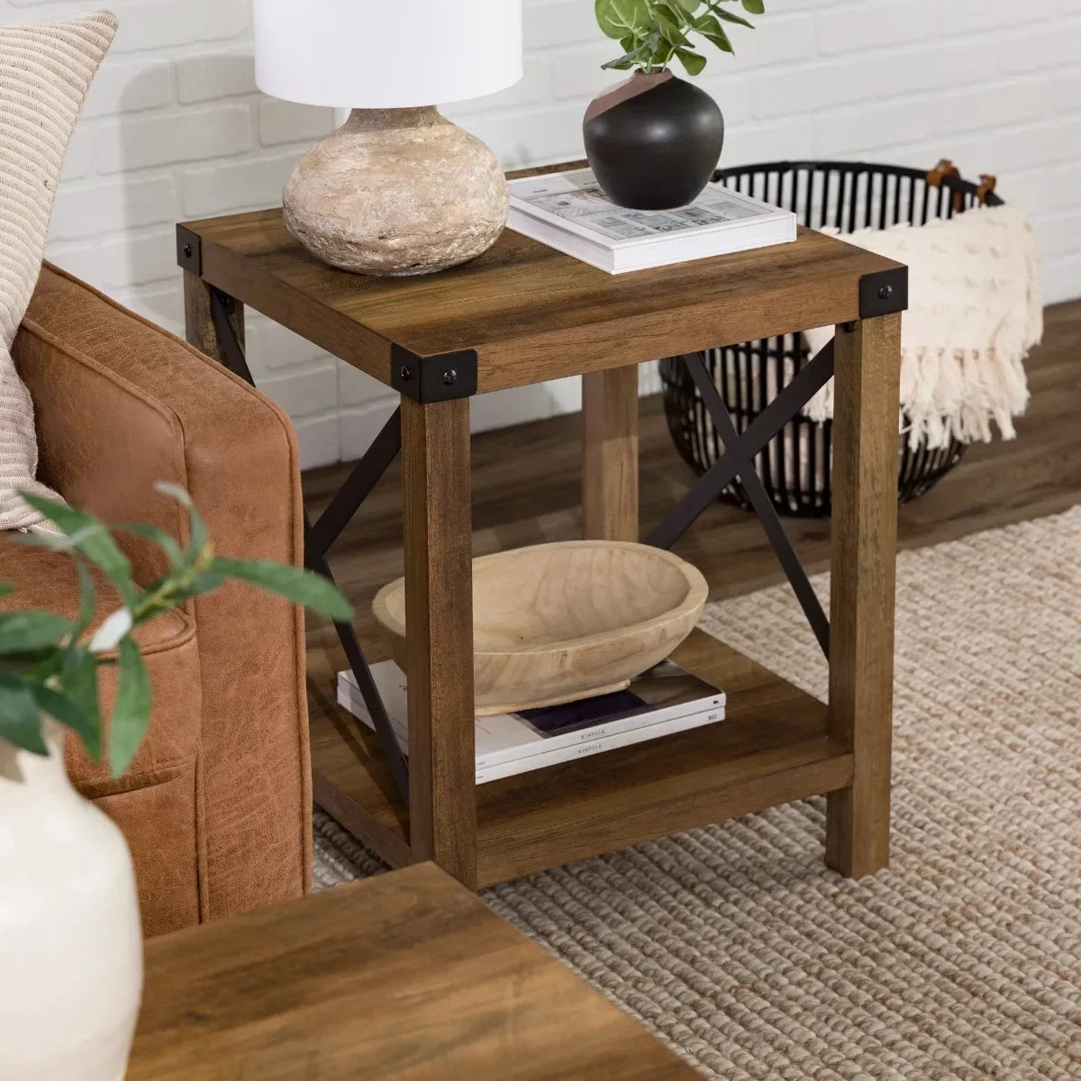 Woven Paths Magnolia Metal X End Table, Reclaimed Barnwood