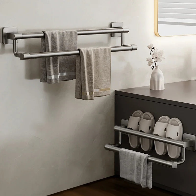 Towel Holder Wall Mounted No Drilling Towel Bar Space Aluminum Bathroom Organizers Bathroom Shelves Shower Storage Rack