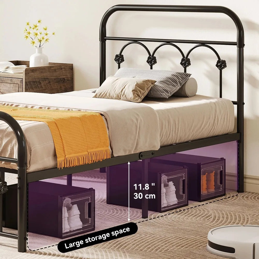 No Box Spring Needed Bunk Bed Base & Frame Industrial Twin Platform Metal Bed Frame With Headboard & Soundproof Cotton Bedframe