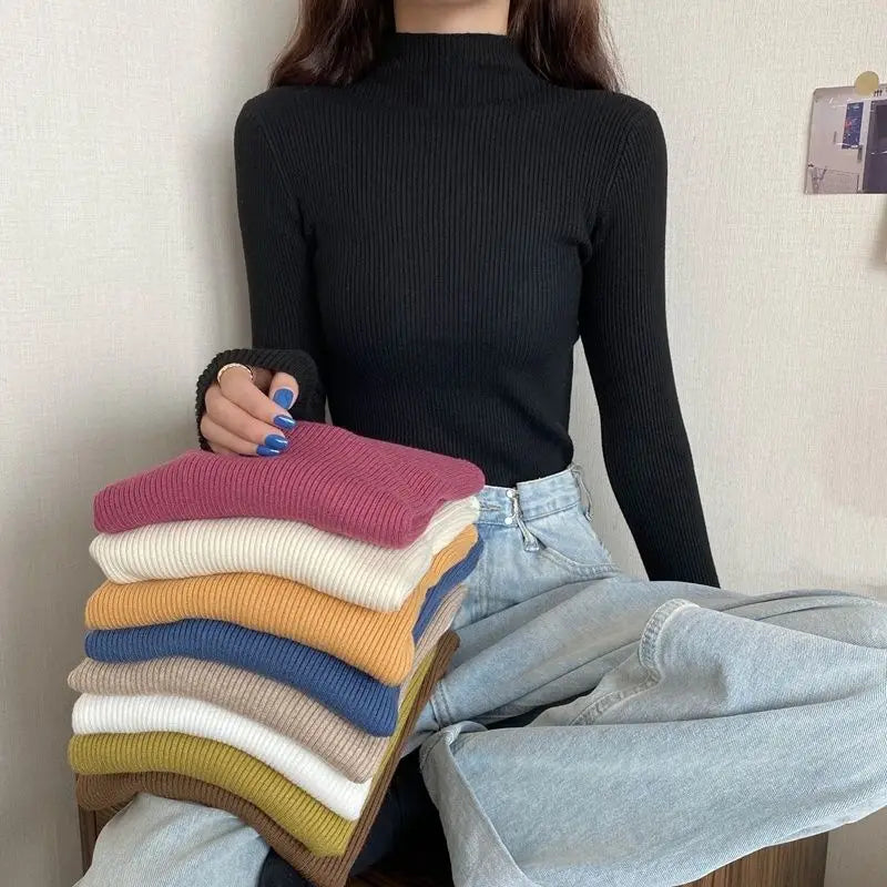 Woman Sweaters Autumn Winter Slim-Fit Turtleneck Top Sweater Inner Wearing Women's Clothing Gas Sweater Black