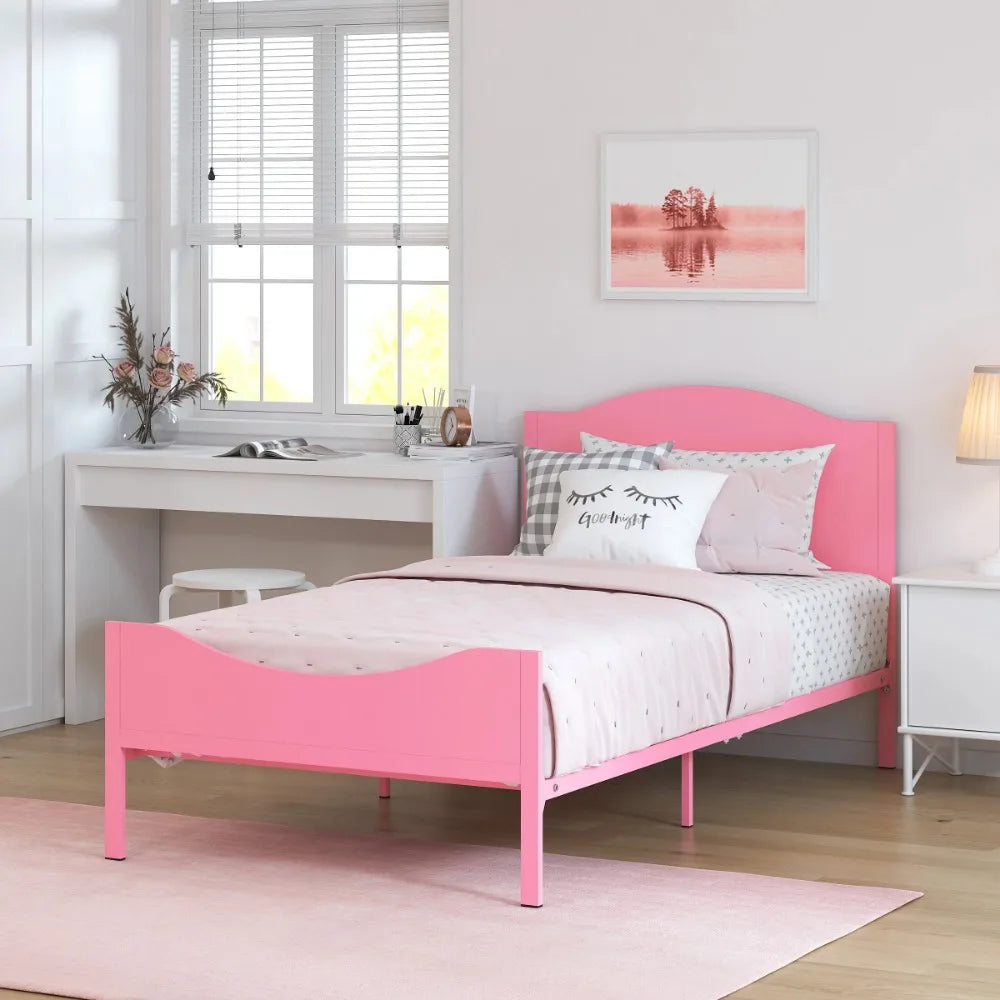 Kids Twin Metal Platform Bed Frame with Wood Headboard for Girls, Toddler, Kids, and Teens, Pink Finish，Best Gift for Kids