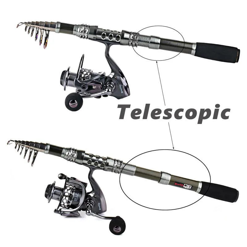 Sougayilang Carbon Fiber Spinning Fishing Rod and Reel Combo Telescopic Carp Fishing Pole Spinning Reel Kit with Fishing Line