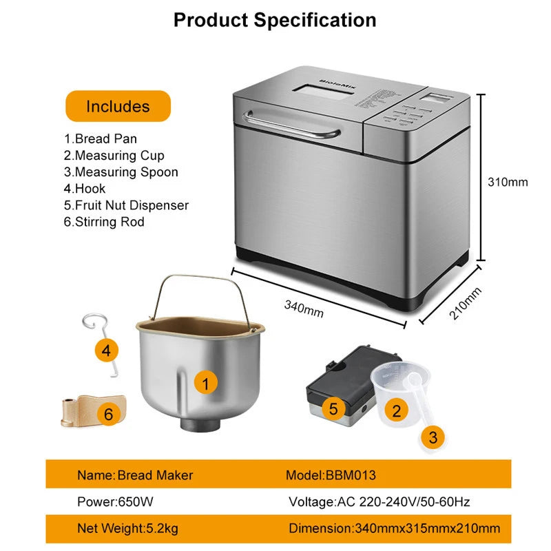 1KG Bread Maker Stainless Steel Automatic Stir Raw Dough Dispense Fruit/Nut Bake 3 Sizes Toaster 17-in-1 Bread Machine