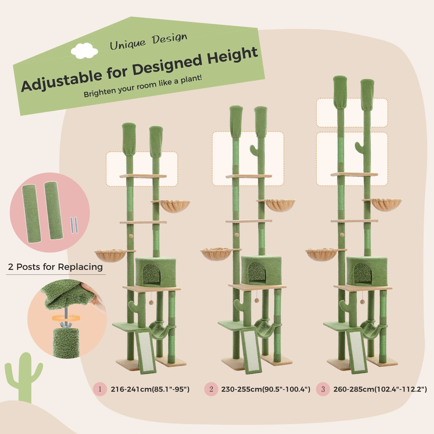 Adjustable 216-285cm Height Cactus Cat Tree with Condo Hammock High Cat Tower Scratching Post for Cat Jumping Platform Cat Toys