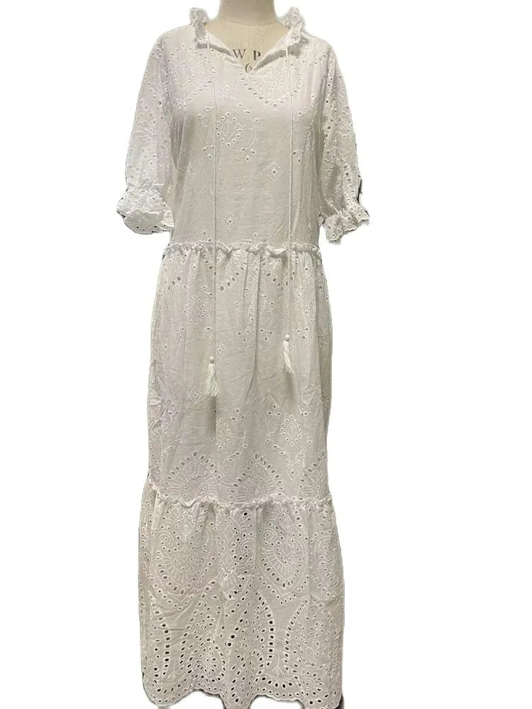 Women's Clothing 2022 Summer Fashion V-neck Vintage Party Female White Lace Elegant Maxi Dresses Casual Beach Long