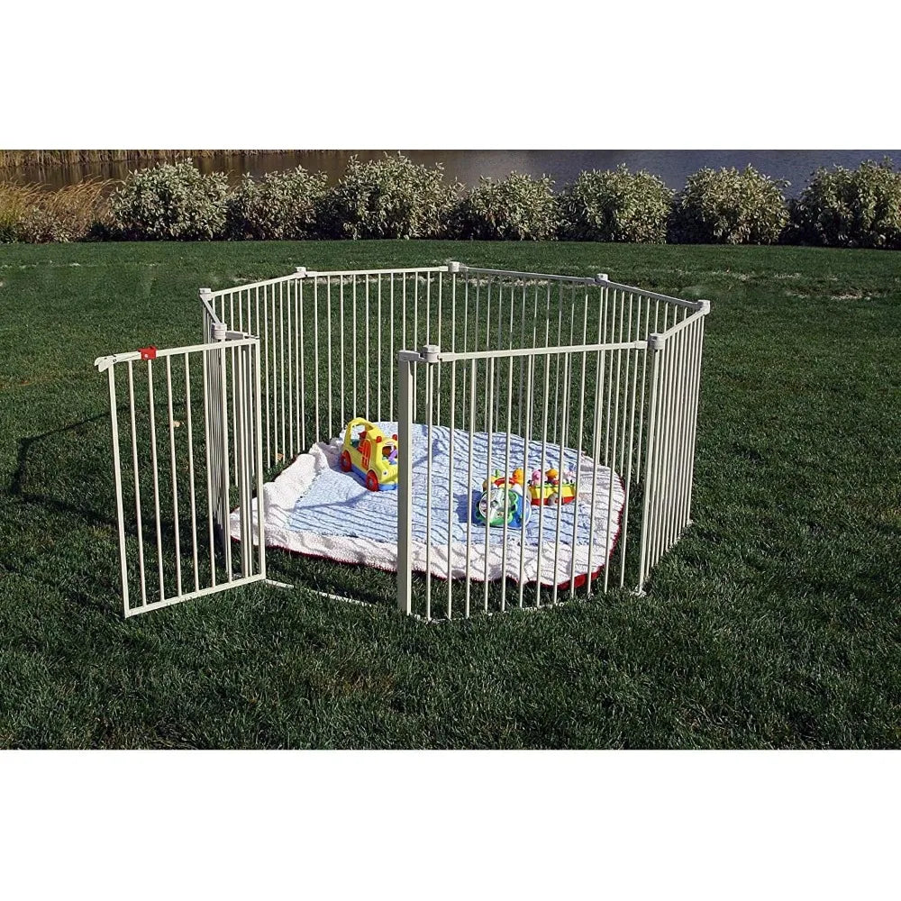 Dog fence and convertible ultra wide door with six panels and walking design, all steel structure, 28 inches high