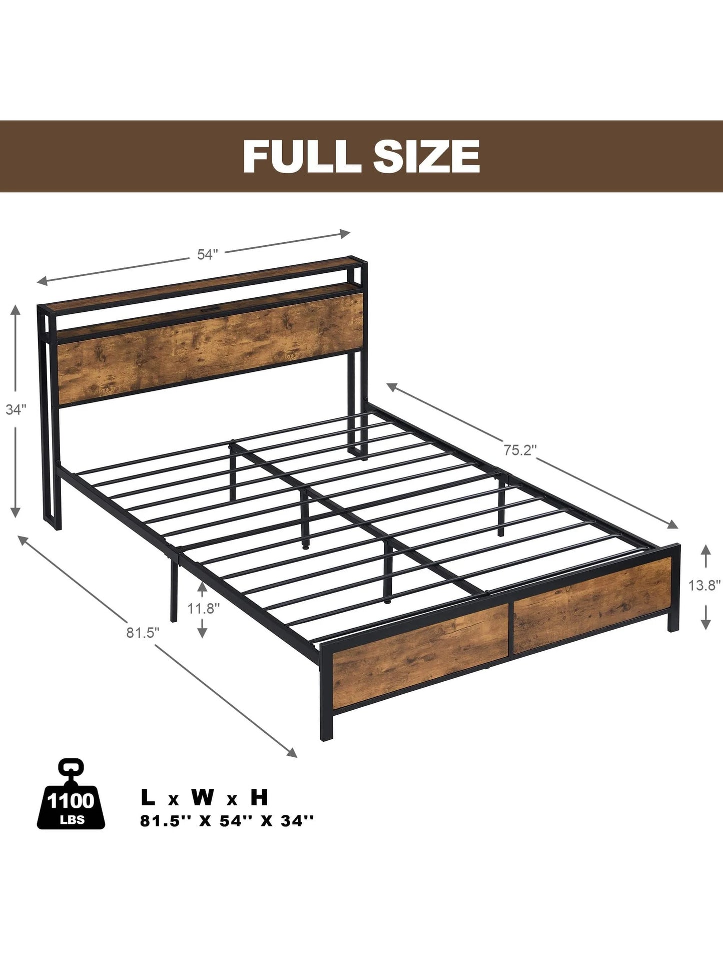 Industrial Full Bed Frame with Headboard Rustic Brown Bedframes with LED Lights and 2 USB Ports Bed Frame Full Size with Storage