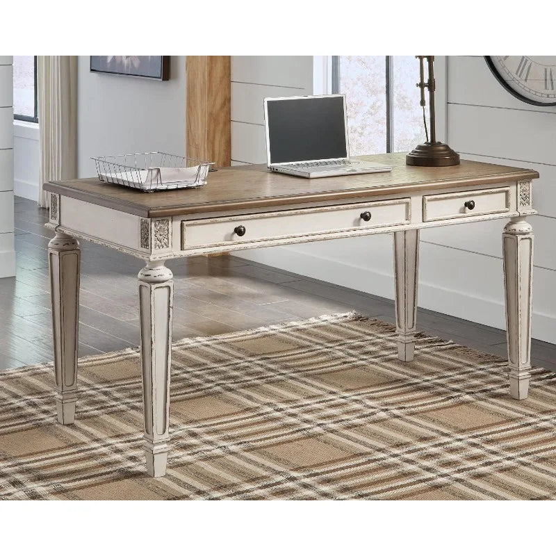 Realyn Farmhouse 60" Home Office Desk with USB Charging, Chipped White