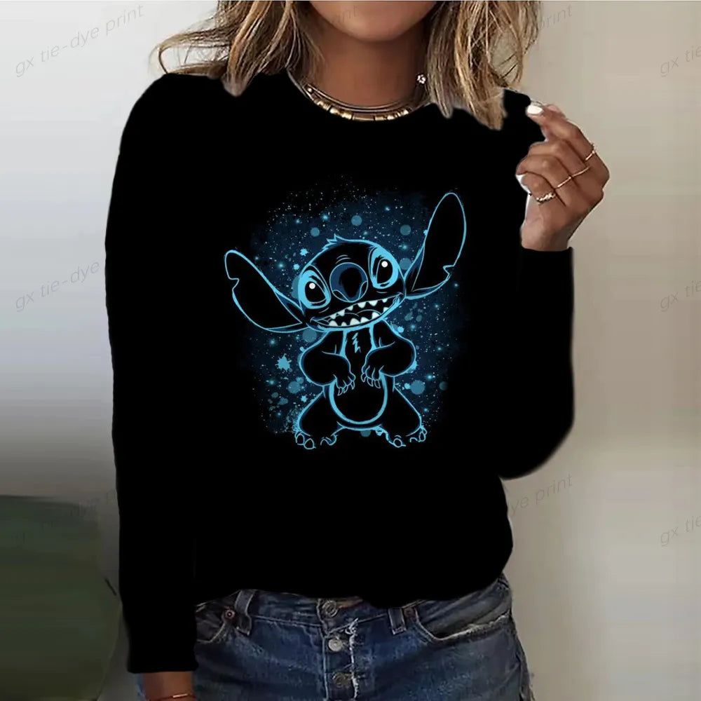 Disney Stitch Cartoon Print T-shirt Fashion Women's Clothing Spring And Autumn Basic Top Women's Long Sleeve T-shirt 2023