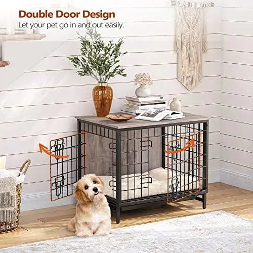 Crate Furniture, 31.5" Wooden Dog Crate End Table, Dog Furniture with Removable Tray, Indoor Dog Kennel, Double Door Dog Cag Dog