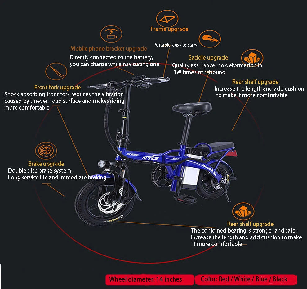 New 14 Inch E-Bike 48V Lithium Battery Two Person Cycling Folding Frame Convenient To Carry  Electric Bicycles Student