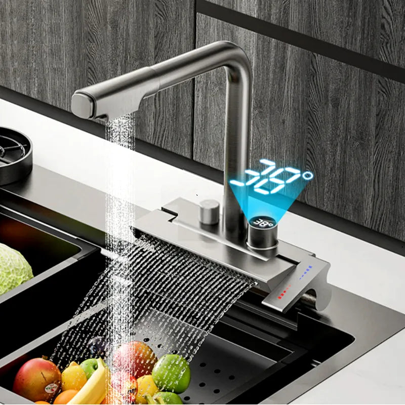 Rain Waterfall Kitchen Faucet Kitchen Sink Washing Pool Tap Single Hole Pull Out Temperature Digital Display Bathroom Faucet