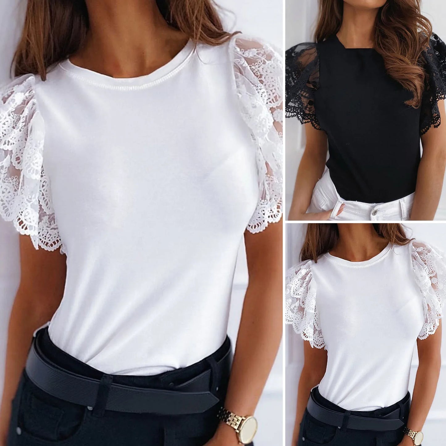 Summer Women Hollow Out Stitching T-Shirt Casual O-Neck Ruffle Short Sleeve Top Elegant White Black 2022 Women's Clothing Hot