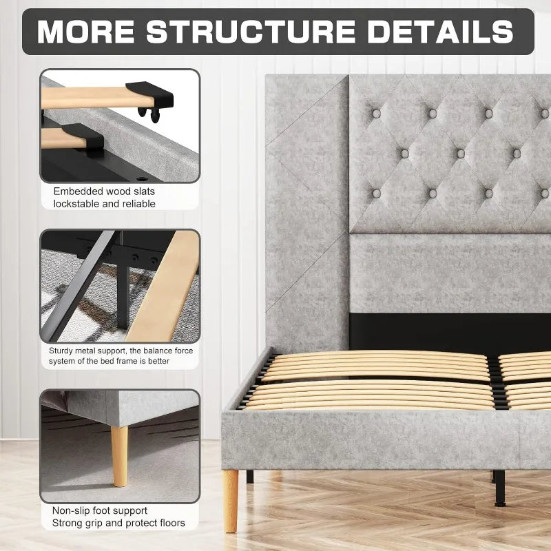 Upholstered Platform Bed Frame with Tufted Velvet Headboard, Heavy Duty Bed Frame, Sturdy Wood Slat Support,Light Gray Bedframe