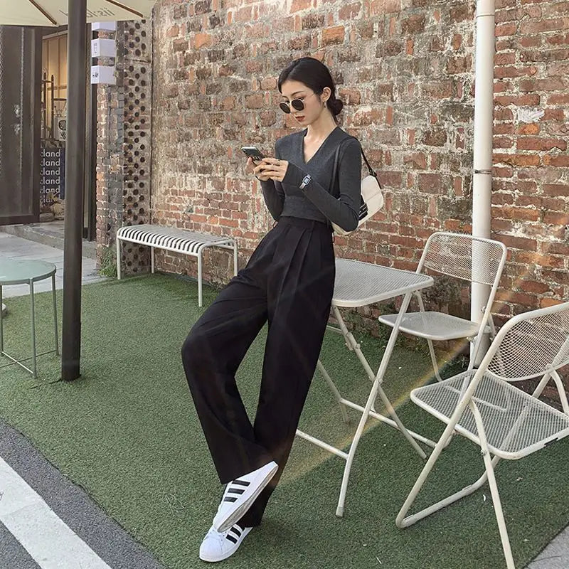 Clothing Buttons Trousers Woman Tailoring Womens Pants Wide Leg Baggy Work Office Solid Loose Slacks High Quality All Medium 90s