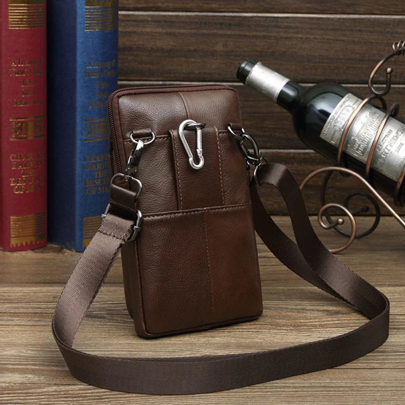 Men Genuine Leather Bag Purse Waist Belt Pack Hook Cross Body 7'' Business Cell Phone Case Small Shoulder Fanny Messenger Bags