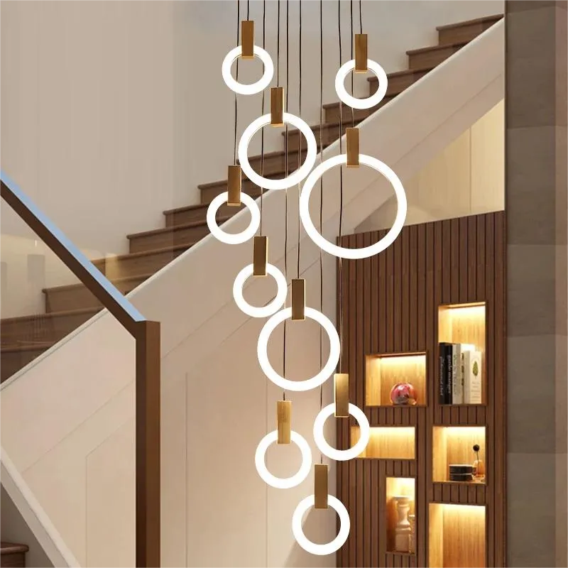 Modern LED stair chandelier lighting Nordic living room ceiling pendant lamps bedroom Acrylic rings fixtures Wood hanging lights