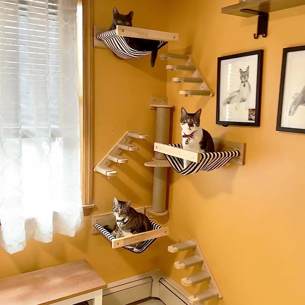 Cat Climbing Shelves Wall Mounted Cat Tree Wooden Furniture Scratcher Jumping Platform Rope Ladder Cat Sleeping and Playing