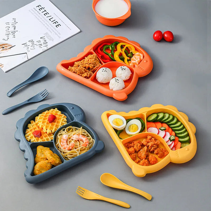 4 PCS Baby Bowls Plates Spoons Forks Food Tableware Set BPA Free Non-Silp Kid Dishes Dinosaur Food Feeding Bowl For Child