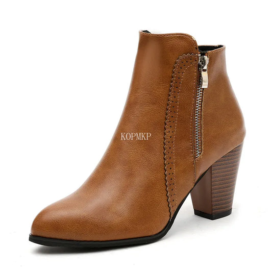 Return Women Ankle Boots Fashion PU leather Boots High heel 8cm Ladies shoes Side Zipper Short Boots for Women Shoes Drop ship43